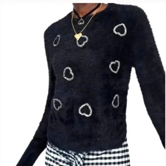 Zara woman’s black fuzzy textured jeweled hearts sweater. Size M - Picture 1 of 8